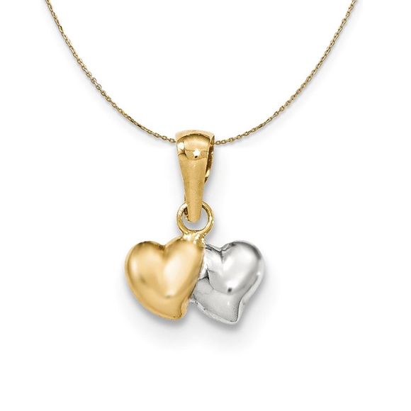 14k Yellow Gold with Rhodium Hollow Two Heart, 10mm Necklace - 18 Inch
